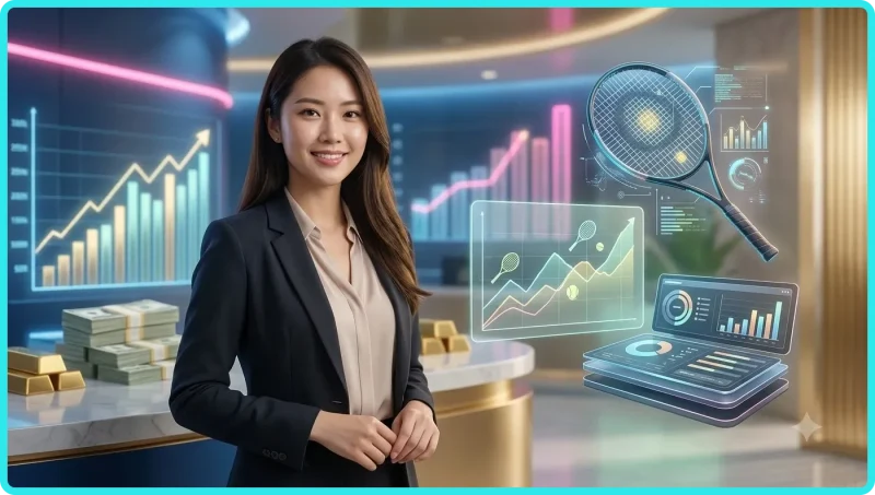 Ảnh minh họa người chơi xem bảng phân tích thuật ngữ tennis trên màn hình holographic