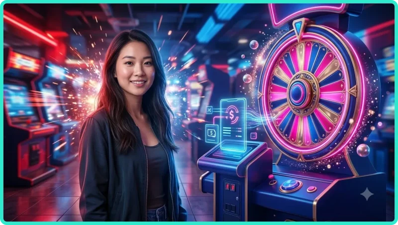 Ảnh minh họa vòng quay slot arcade với ánh sáng neon chuyên nghiệp thể hiện tầm quan trọng của cơ chế quay và thanh toán