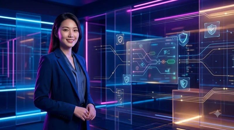 con-duong-ky-thuat-so-phat-sang-voi-cac-nut-an-toan-mau-xanh-la-va-bieu-tuong-khoa-vang-o-cuoi Con đường kỹ thuật số phát sáng với các nút an toàn màu xanh lá và biểu tượng khóa vàng ở cuối
