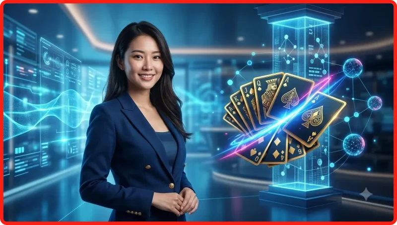 Hình ảnh lá bài tiến lên được sắp xếp chiến thuật trên bàn chơi với ánh sáng neon