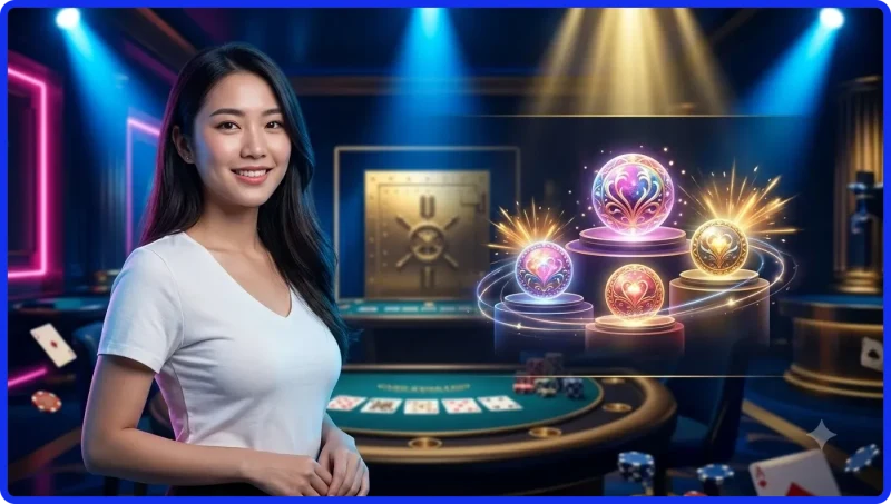Hình ảnh minh họa người chơi đang nghiên cứu bảng trả thưởng nổ hũ với bảng giá trị biểu tượng holographic