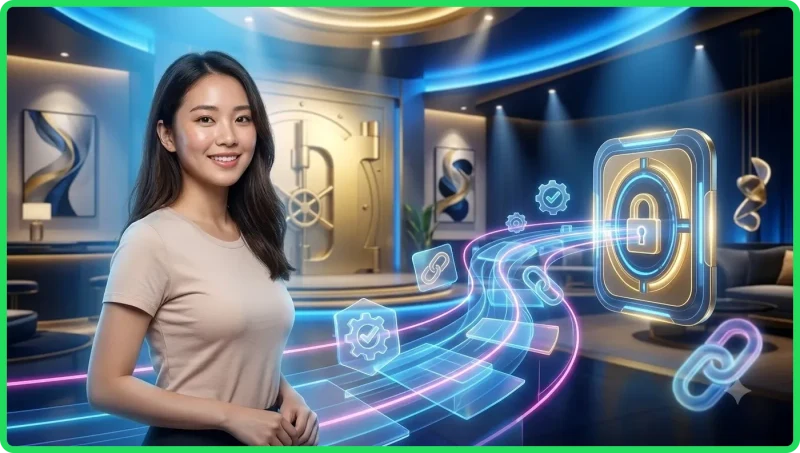Hình ảnh minh họa sự kết nối giữa dữ liệu cá nhân và ví tiền trên giao diện holographic