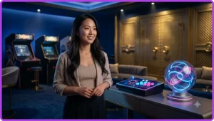 Màn hình máy tính hiển thị các biểu tượng game arcade đầy màu sắc cùng tay cầm điều khiển, minh họa tổng quan nền tảng game arcade SC88