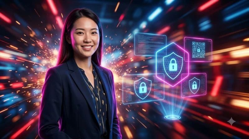 Minh họa bí quyết bảo vệ quyền riêng tư với thiết bị di động và các biểu tượng bảo mật holographic