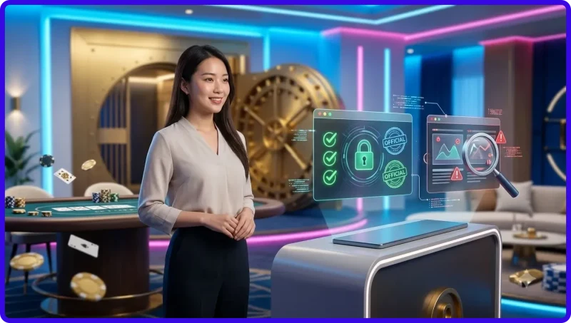 Minh họa minh họa người dùng kiểm tra trang web chính thức trên laptop để tránh lừa đảo trực tuyến