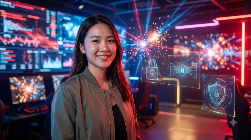 Minh họa tầm quan trọng của quyền riêng tư trên nền tảng trực tuyến với hình người tương tác giao diện bảo mật