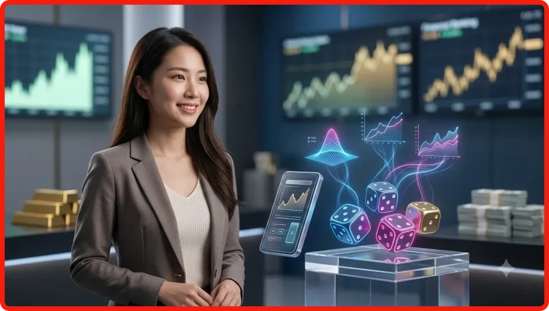 Người chơi quan sát bảng dữ liệu holographic với biểu tượng xúc xắc, minh họa tầm quan trọng của việc hiểu cách tính kết quả tài xỉu SC88