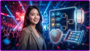 Người chơi xem lịch thi đấu đá gà SC88 trên màn hình holographic với ánh sáng neon