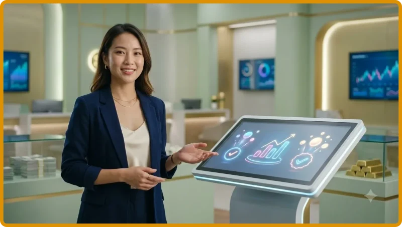 Người phụ nữ tra cứu kết quả xổ số SC88 trên máy tính bảng với biểu tượng số hologram