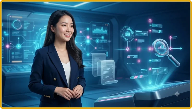 Phụ nữ chuyên nghiệp đang quan sát dòng thời gian kỹ thuật số minh họa tính minh bạch và an toàn khi theo dõi lịch sử hoạt động