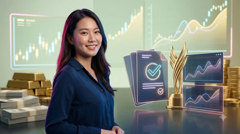 Phụ nữ kiểm tra điều kiện khuyến mãi với biểu tượng lá chắn và danh sách holographic