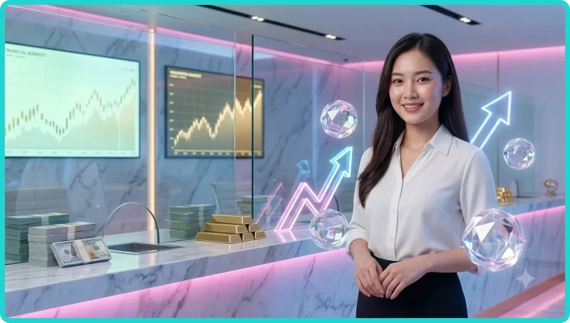 Phụ nữ kiểm tra điều kiện khuyến mãi với biểu tượng lá chắn và danh sách holographic