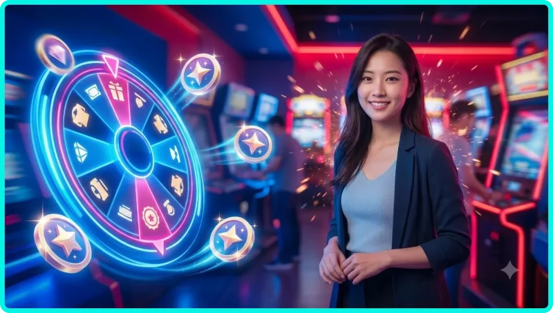 Quan sát biểu tượng thưởng slot game trên màn hình holographic